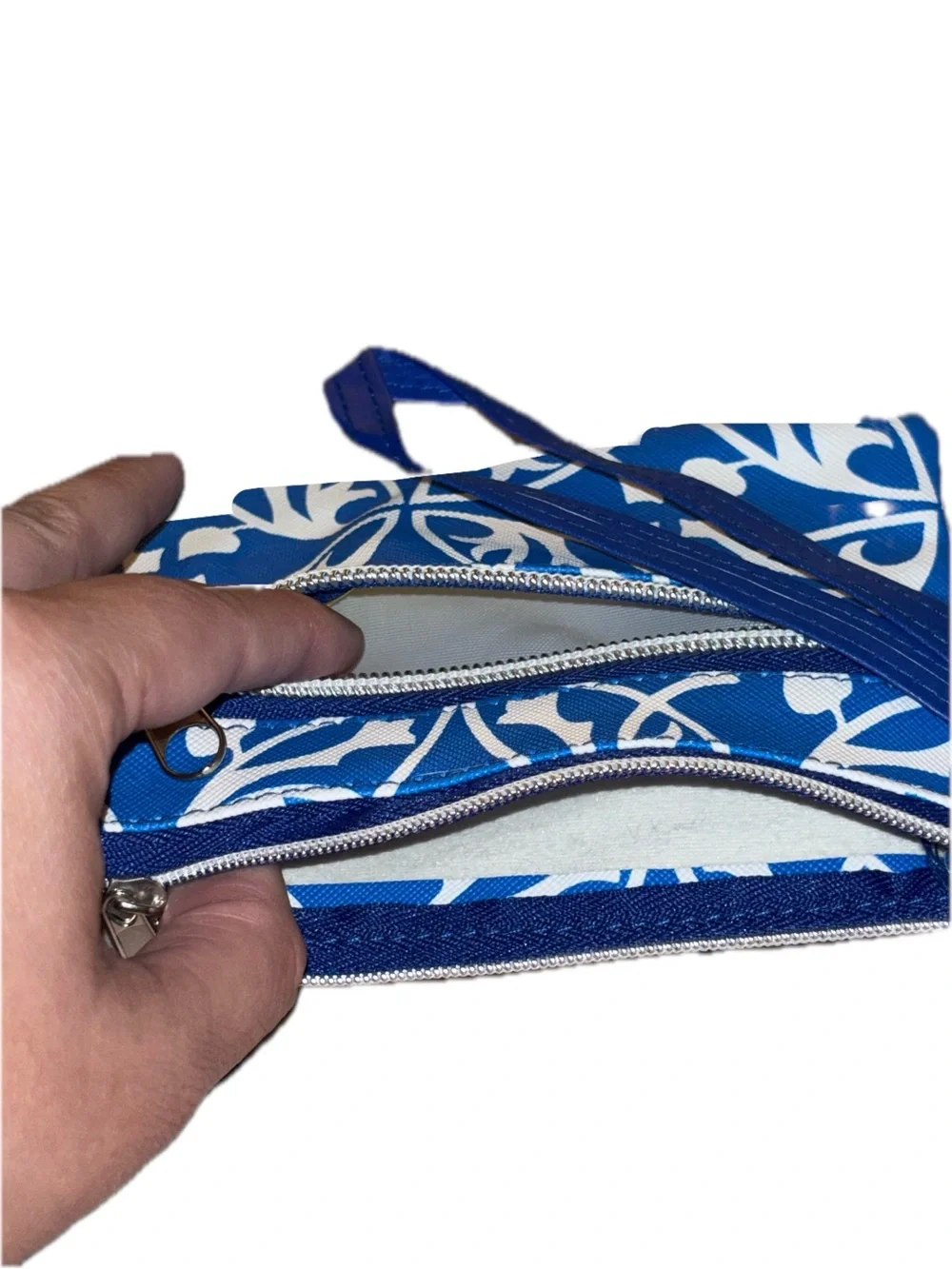 Blue and White Floral Wristlet Cosmetic Pouch